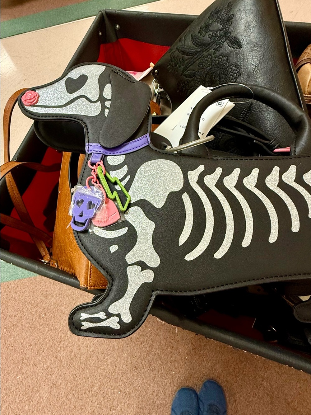 Betsey Johnson Black Dachshund Skeleton Satchel with Purple Accent - Picture 5 of 13